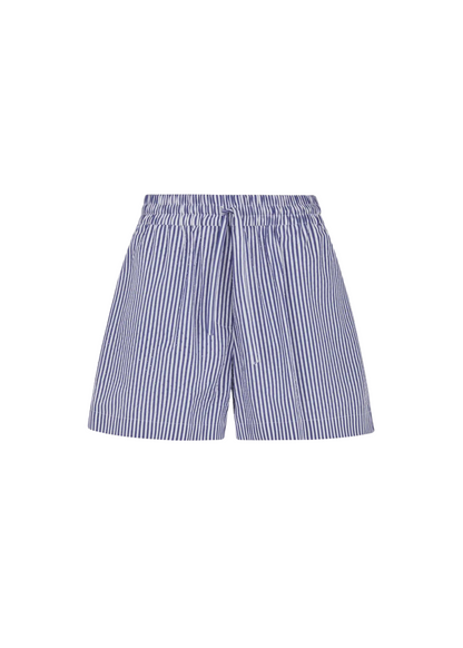 Blue and white striped shorts on a white background