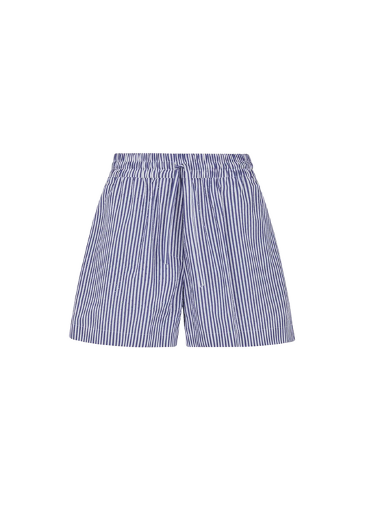 Blue and white striped shorts on a white background