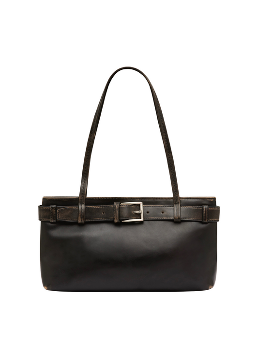Black leather handbag with a belt detail on a white background