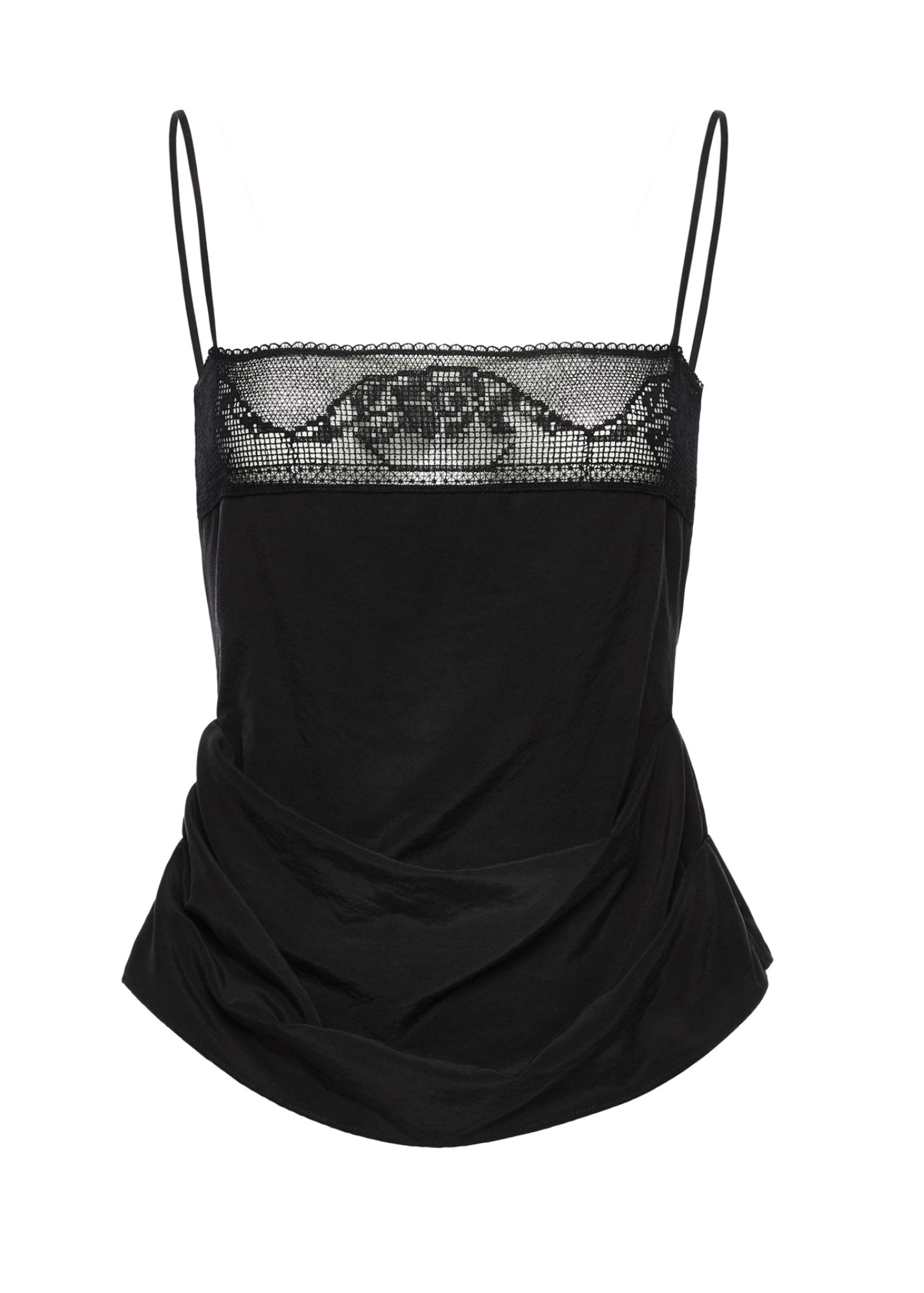 Black lace-trimmed camisole on a white background
