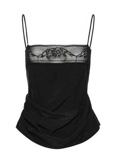 Black lace-trimmed camisole on a white background