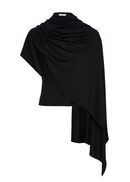 Black draped garment on a white background