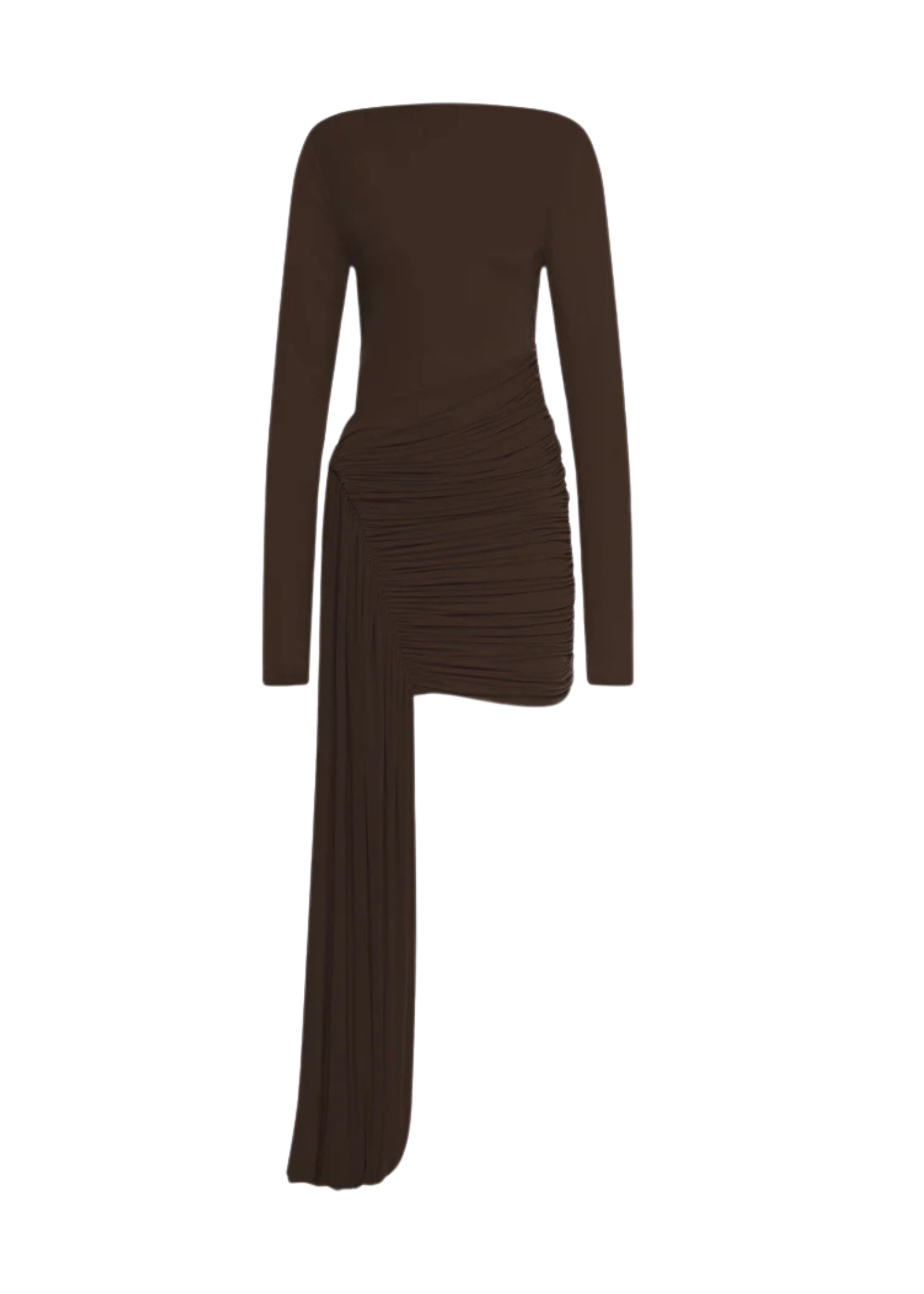 Brown long-sleeve dress with ruched design on a white background