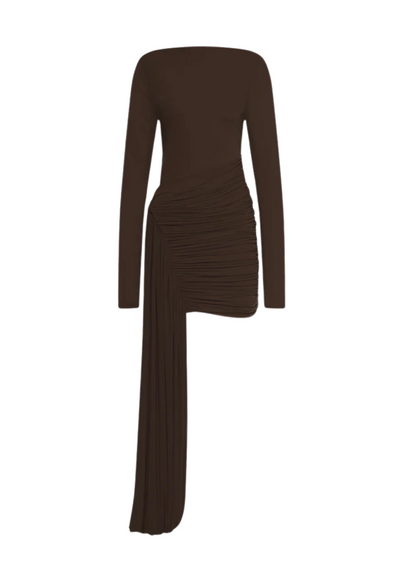 Brown long-sleeve dress with ruched design on a white background