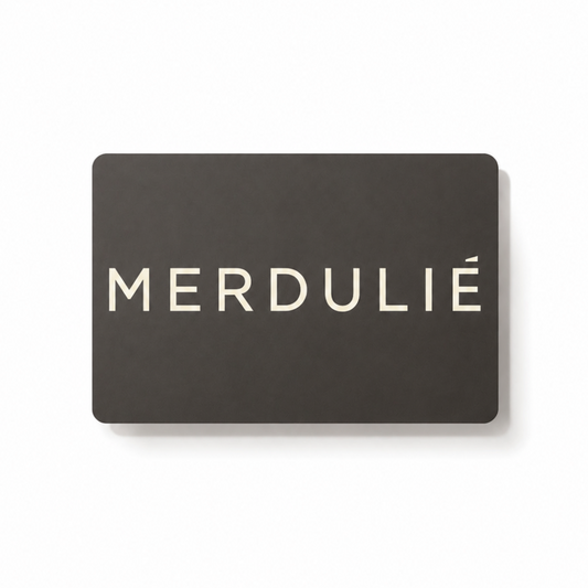 Black rectangular card with 'MERDULIE' branding on a white background