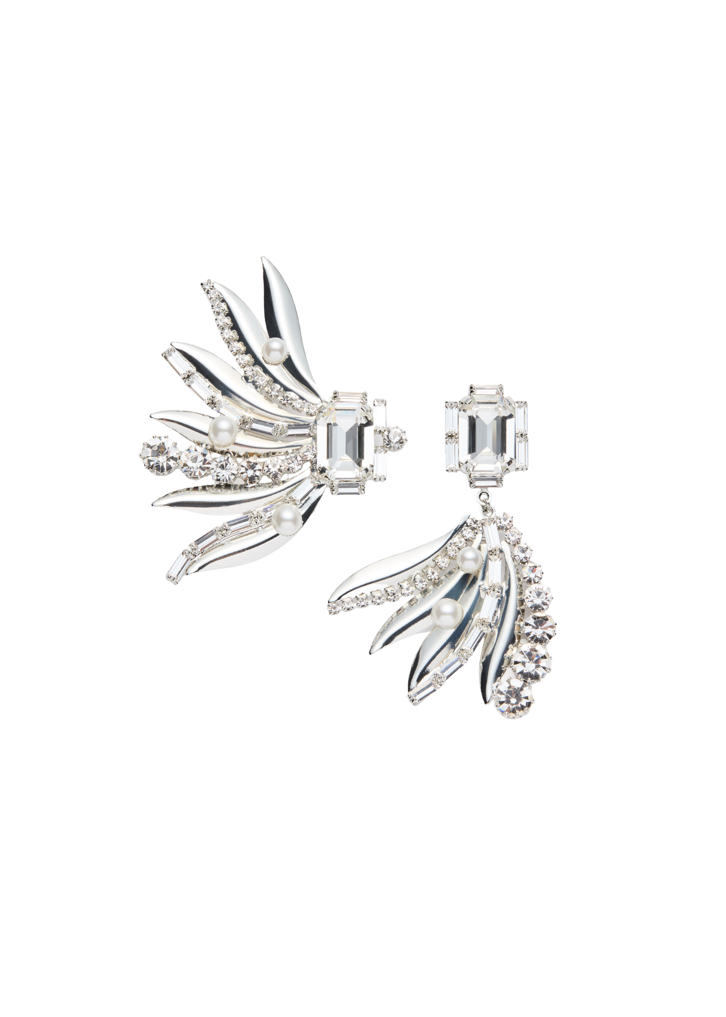 Silver earrings with intricate designs on a white background