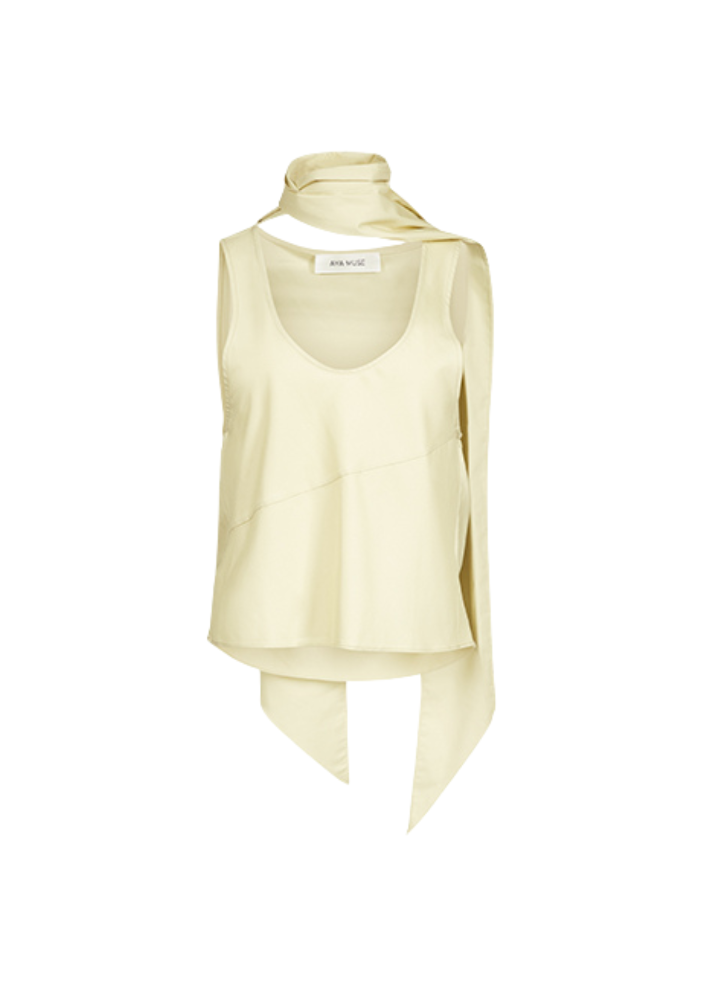 Light yellow sleeveless top with a draped design on a white background