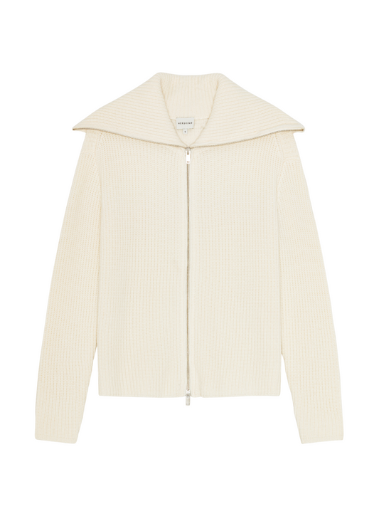 Cream-colored zip-up jacket on a white background