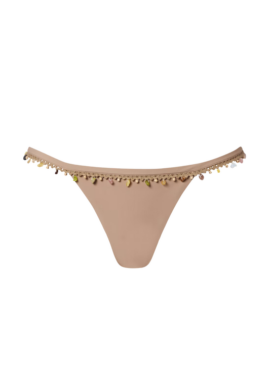 Beige bikini bottom with tassels on a white background