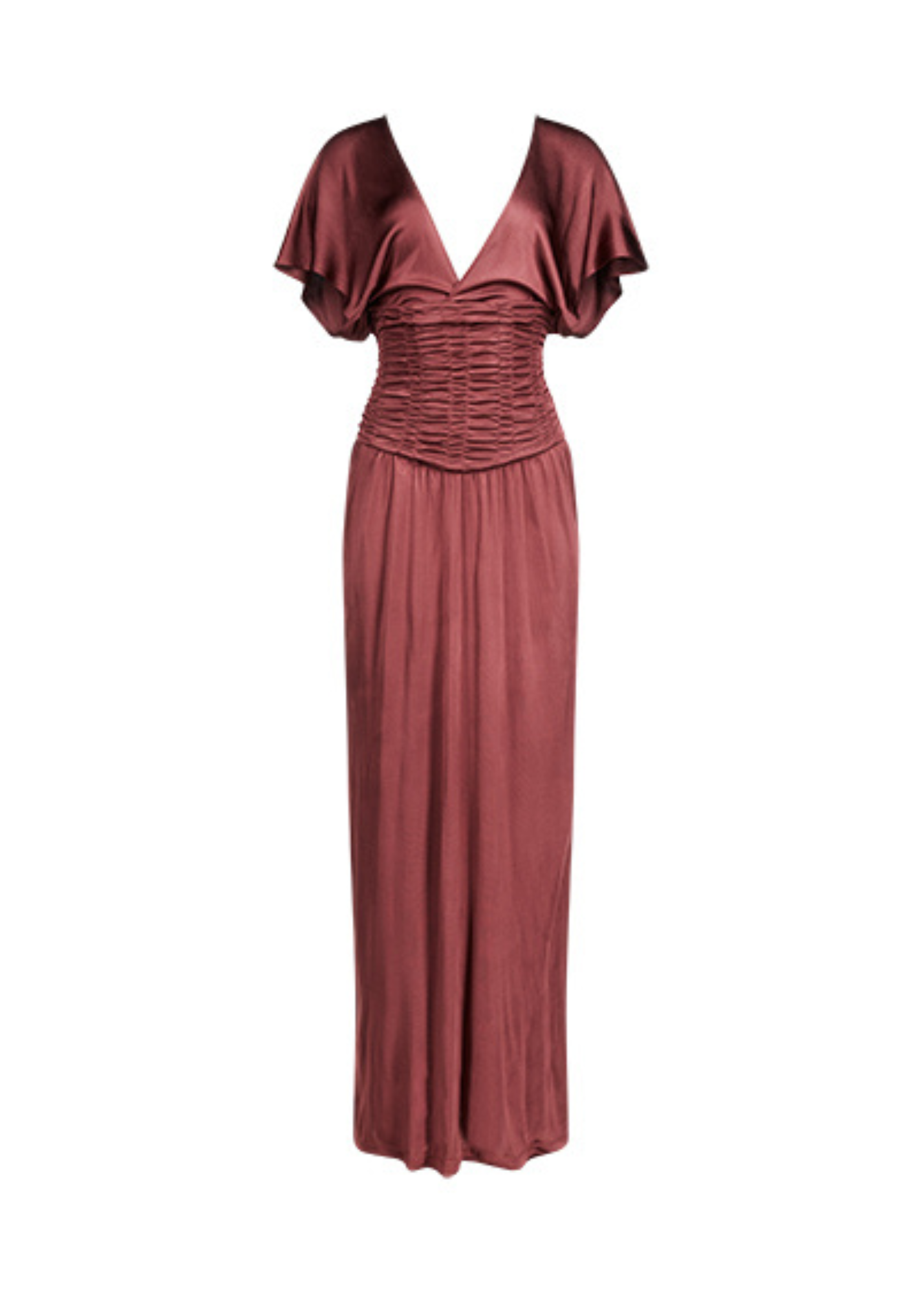Maroon evening gown with ruched details on a white background