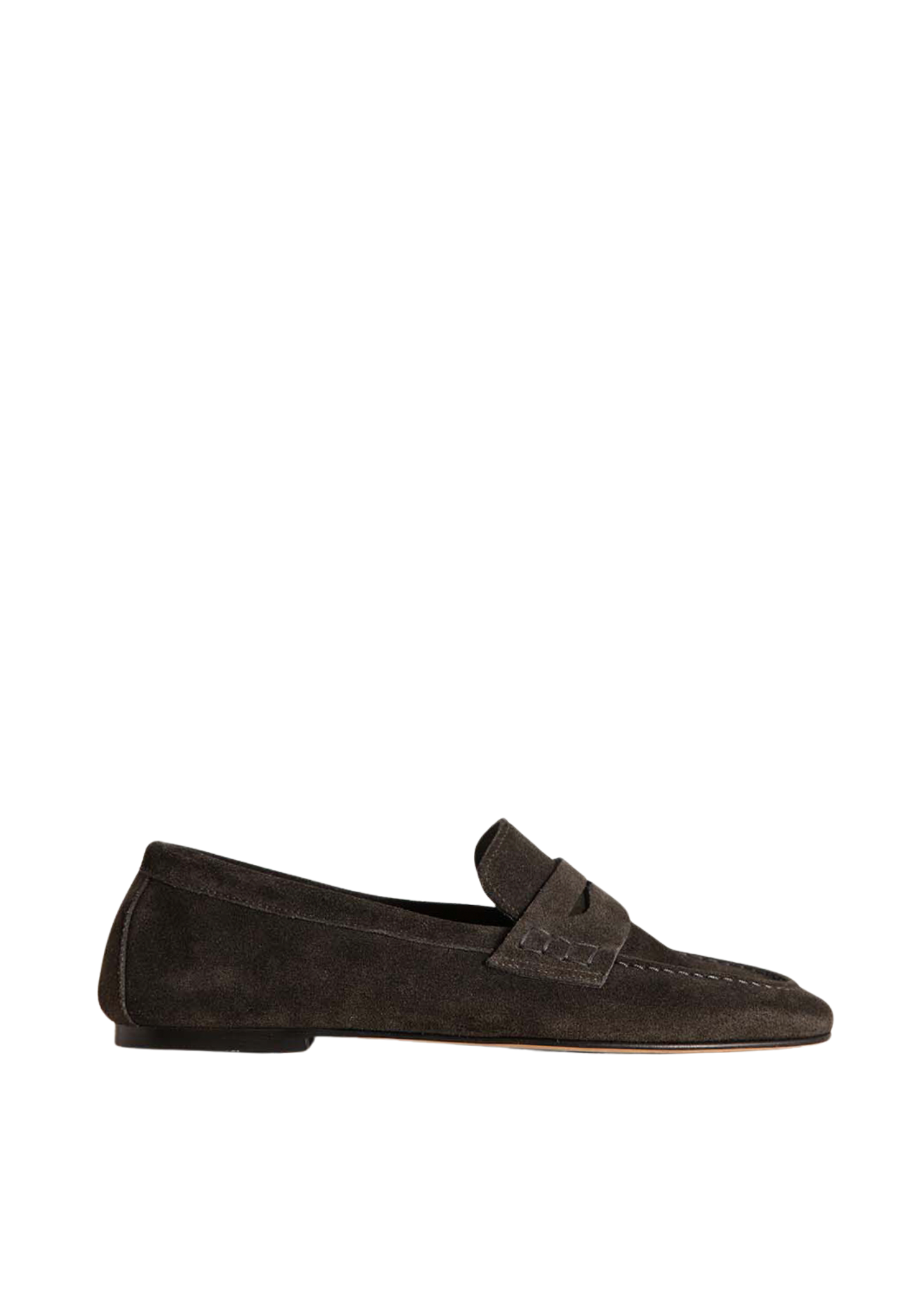 Brown suede loafer with gold accents on a white background