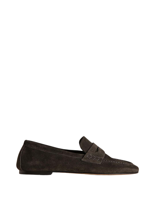 Brown suede loafer with gold accents on a white background