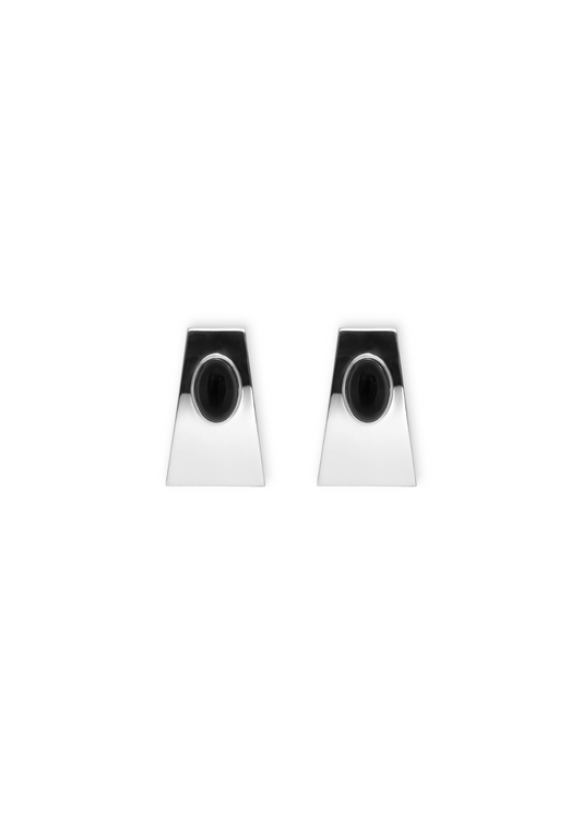 silver rectangular earrings on a white background