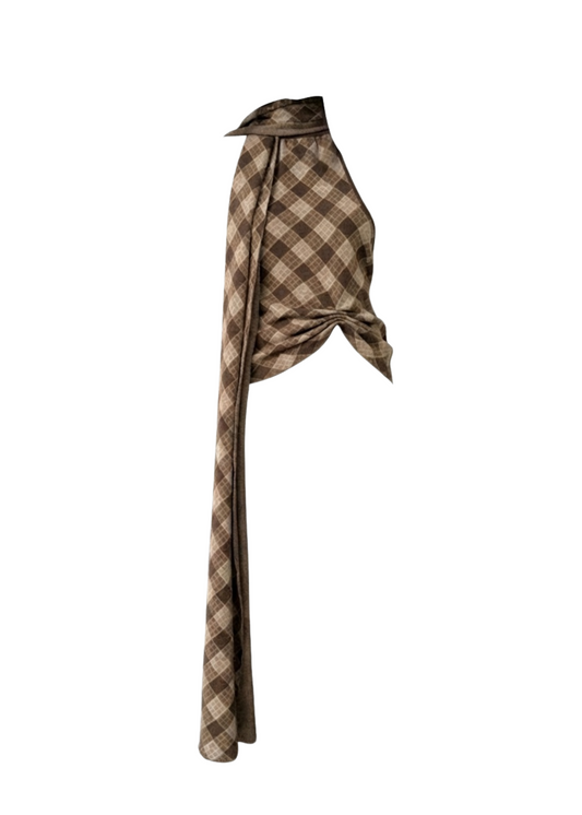 A draped, asymmetrical wrap top or dress in a brown and beige checkered pattern, shown against a plain white background.