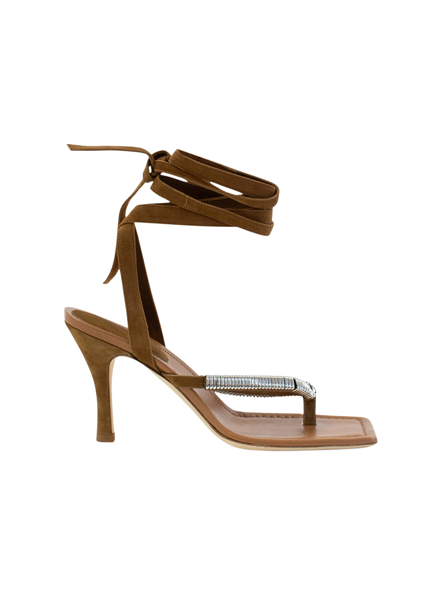 Brown high-heeled sandal with clear toe and ring detail on a white background