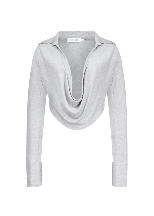 Light gray shrug with draped neckline on a white background