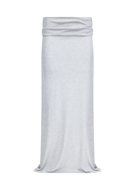 Light gray strapless dress on a white background