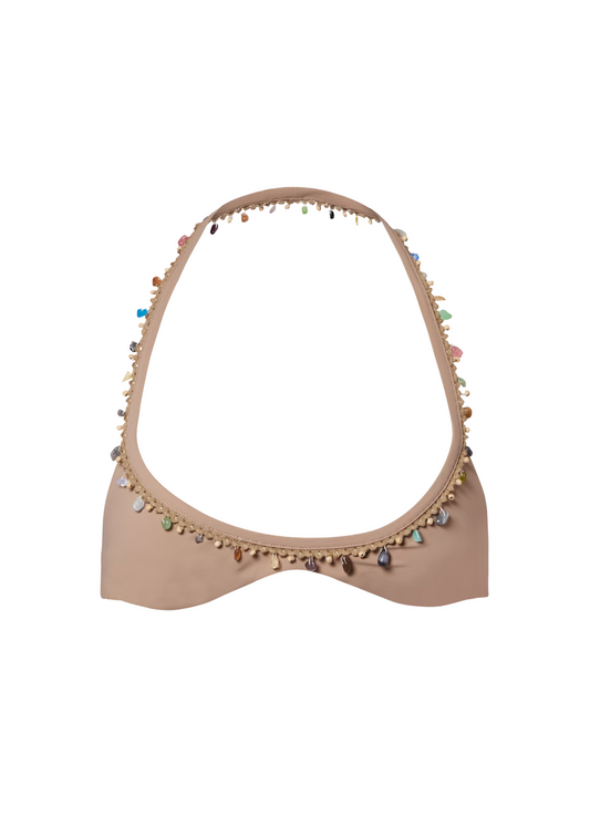Beige bikini top with colorful embellishments on a white background