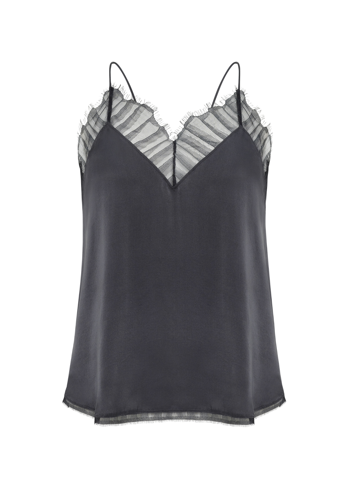 Grey satin camisole with lace trim on a white background