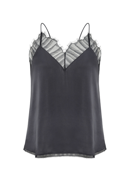 Grey satin camisole with lace trim on a white background