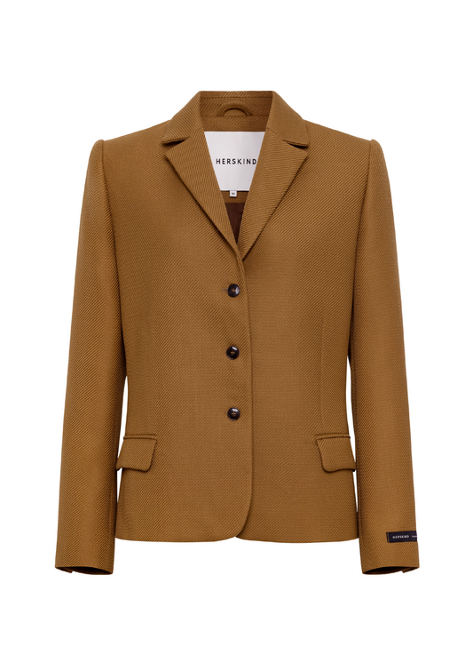 Brown blazer with a brand label on a white background