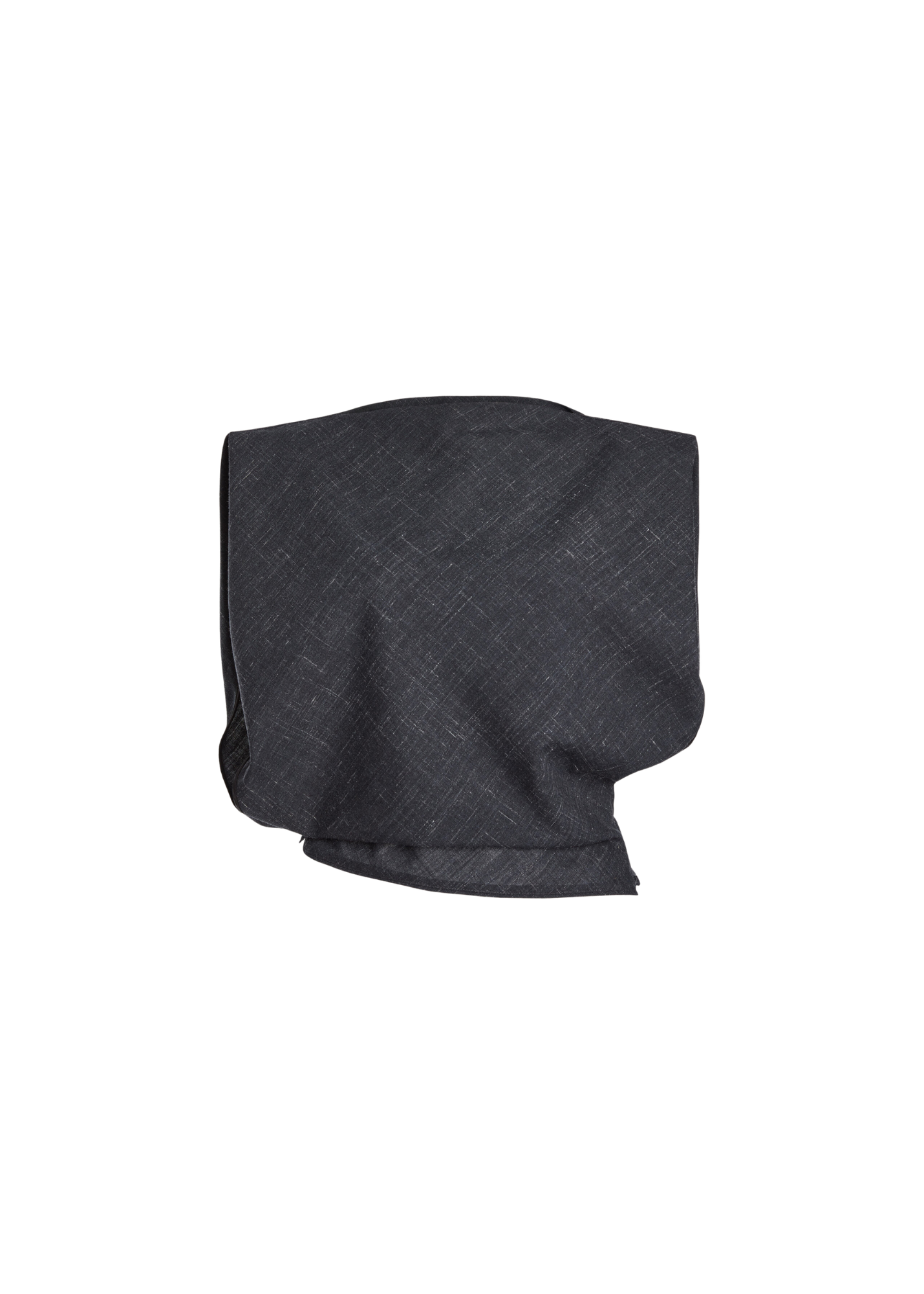 A folded dark charcoal gray textured fabric accessory, possibly a pocket square or scarf, shown on a plain white background.