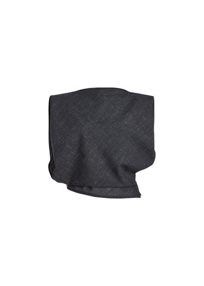 A folded dark charcoal gray textured fabric accessory, possibly a pocket square or scarf, shown on a plain white background.
