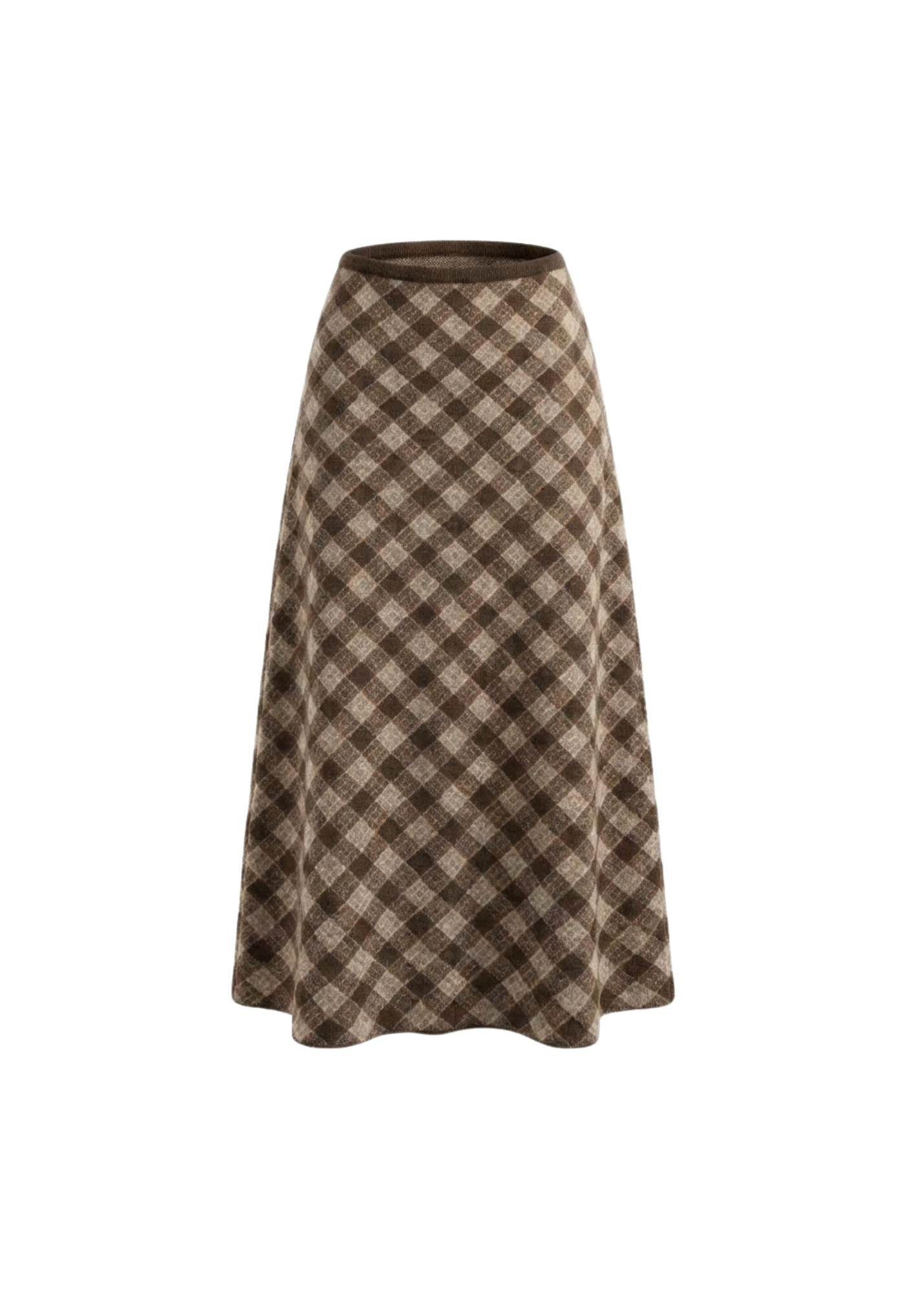 A brown and beige checkered A-line skirt with a wide waistband, shown against a plain white background.