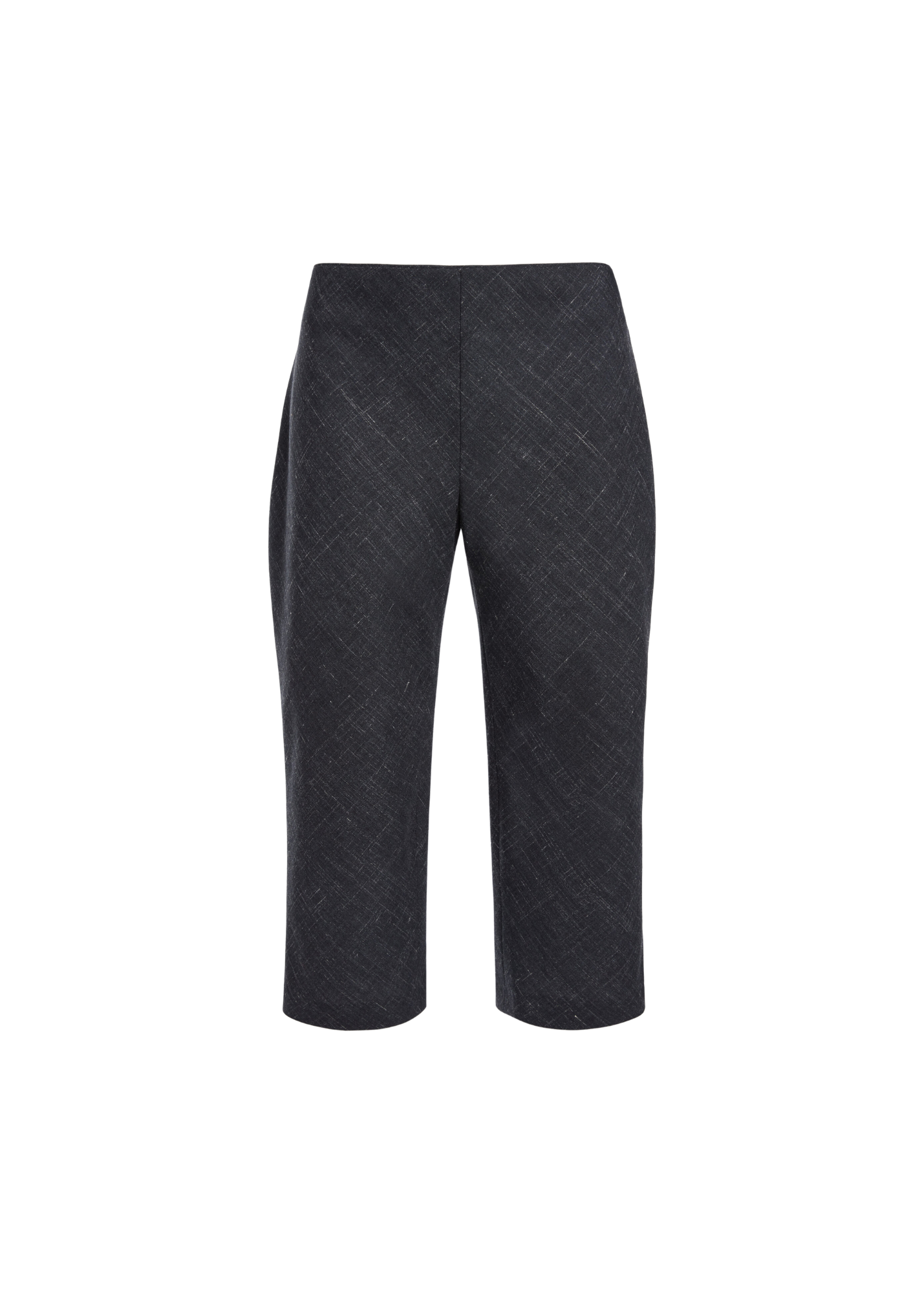 Dark charcoal gray cropped trousers with a subtle textured pattern, shown on a plain white background.