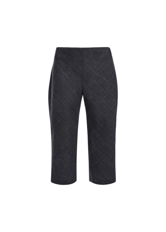 Dark charcoal gray cropped trousers with a subtle textured pattern, shown on a plain white background.