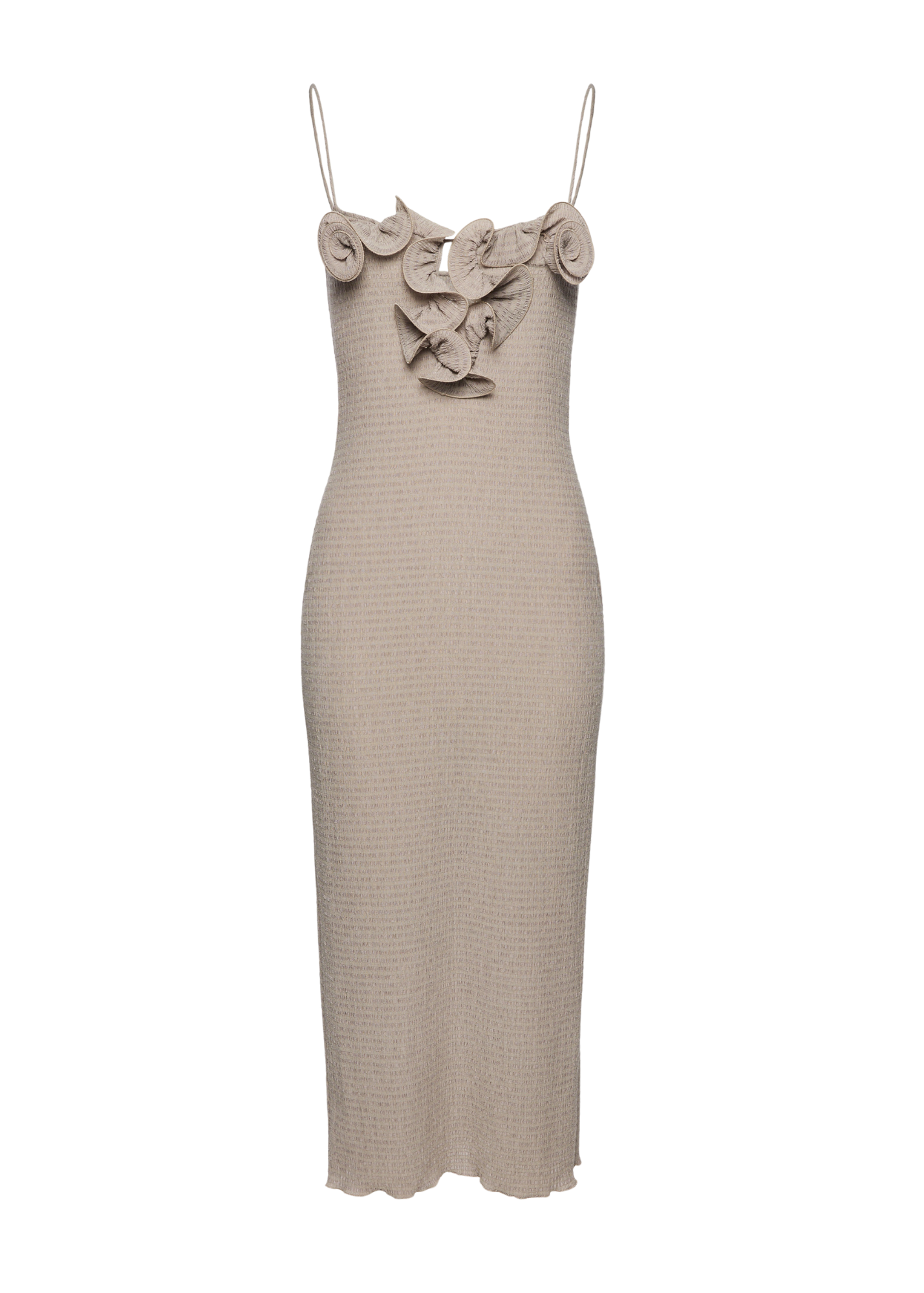 Beige dress with floral details on a white background