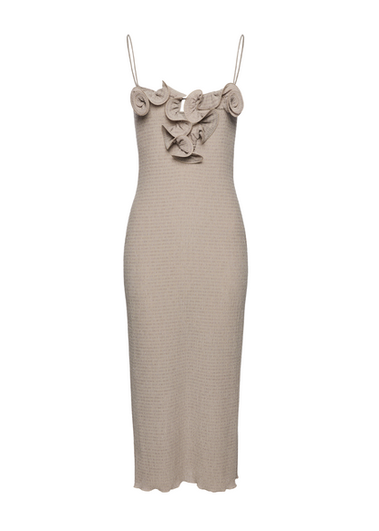 Beige dress with floral details on a white background