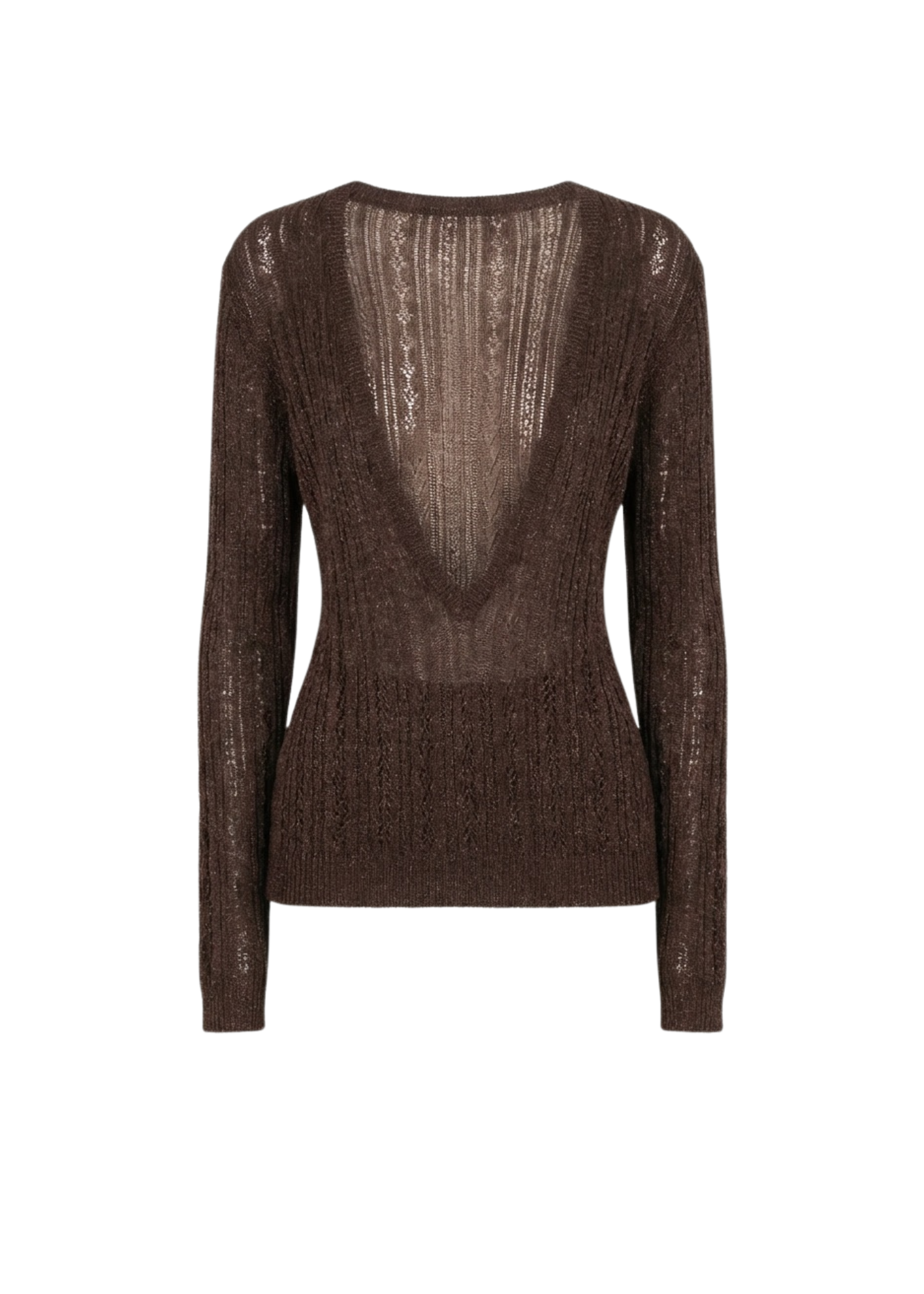 A long-sleeve knit sweater in a dark brown color, featuring a textured open-knit pattern with a deep V-shaped back cutout, shown against a plain white background.