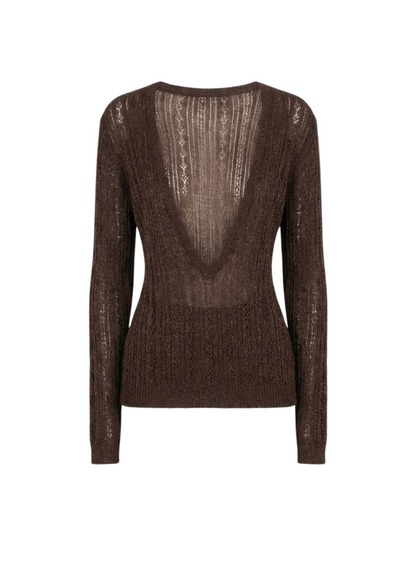 A long-sleeve knit sweater in a dark brown color, featuring a textured open-knit pattern with a deep V-shaped back cutout, shown against a plain white background.