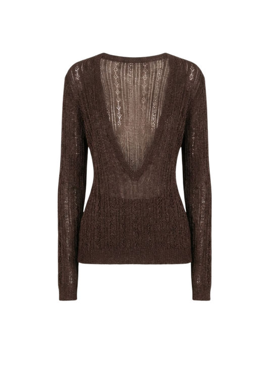 A long-sleeve knit sweater in a dark brown color, featuring a textured open-knit pattern with a deep V-shaped back cutout, shown against a plain white background.