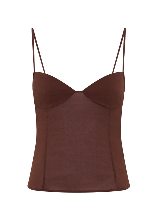 Brown slip top with thin straps on a white background