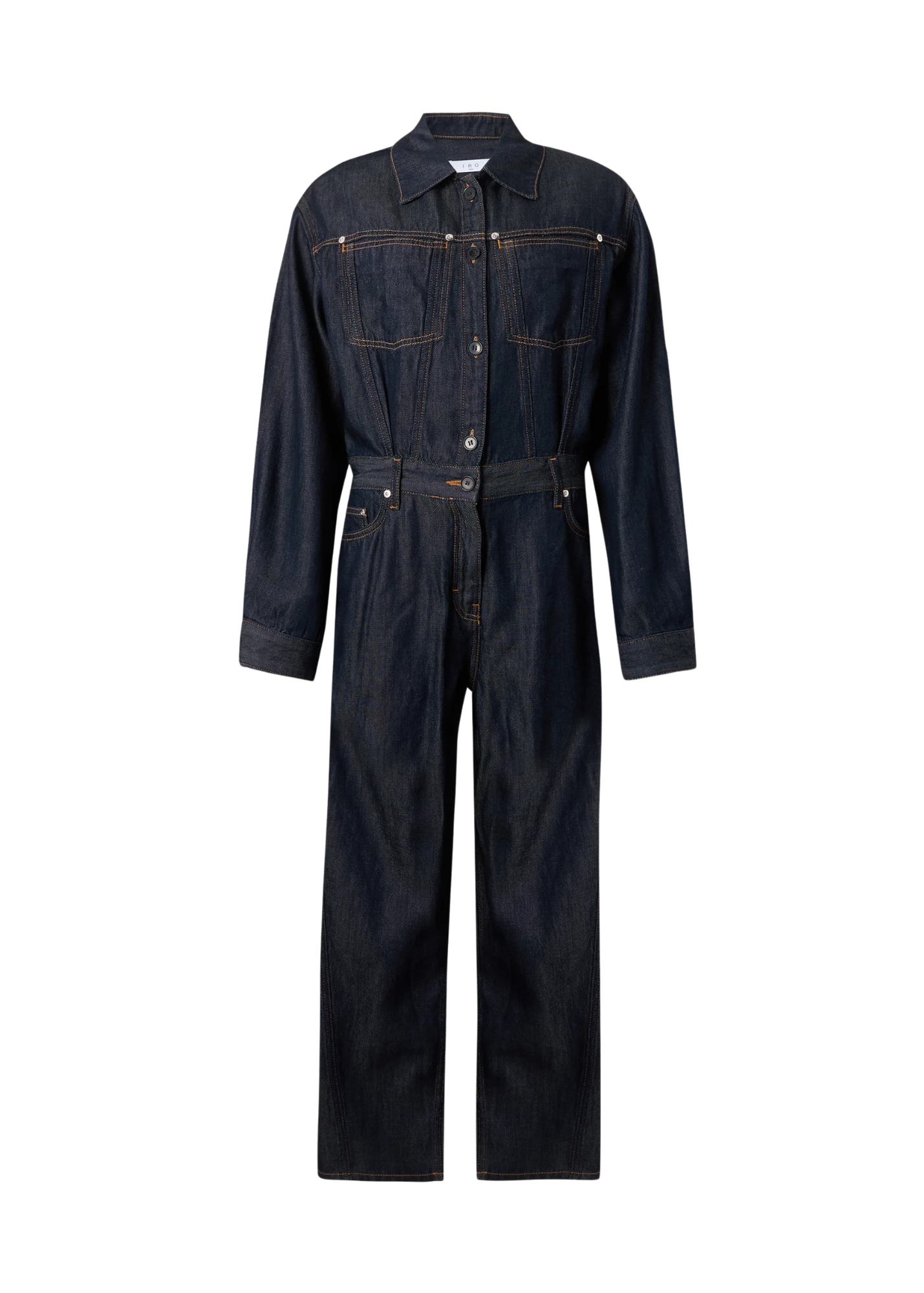 Dark denim jumpsuit on a white background