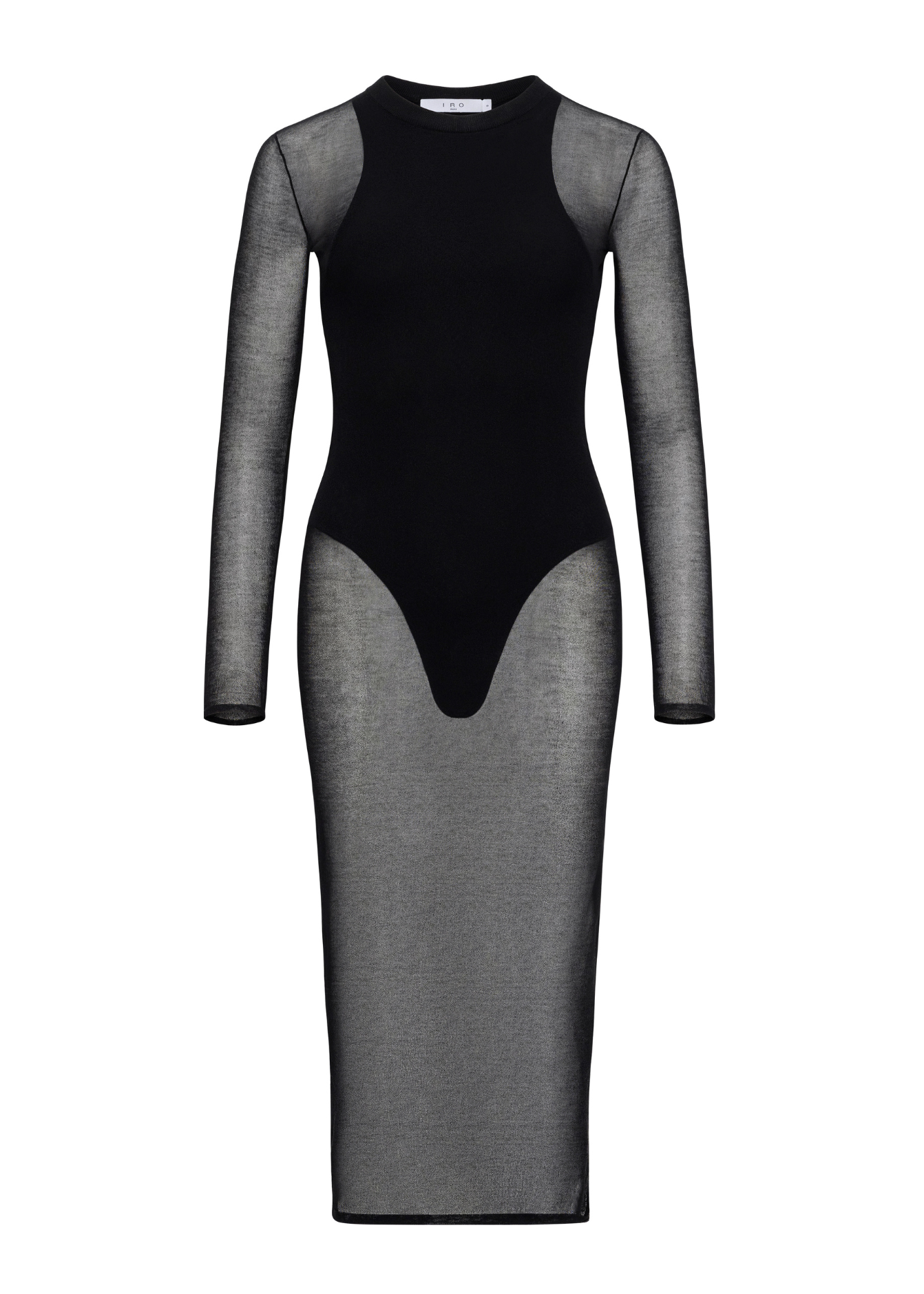 Black and gray dress with sheer sleeves on a white background