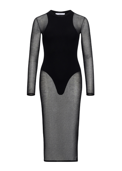 Black and gray dress with sheer sleeves on a white background