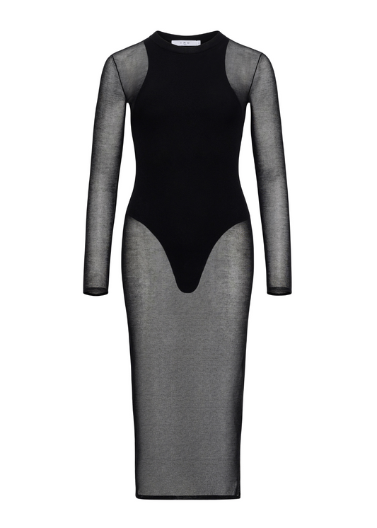 Black and gray dress with sheer sleeves on a white background