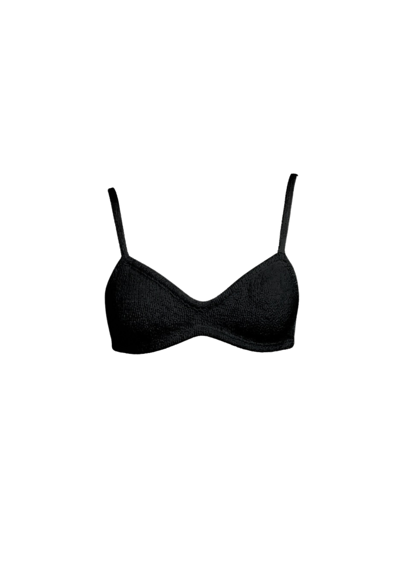 A black textured bralette with thin shoulder straps, shown against a plain white background.