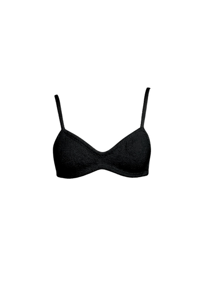 A black textured bralette with thin shoulder straps, shown against a plain white background.