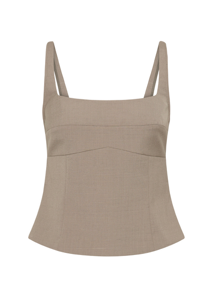 Beige tank top with thin straps on a white background