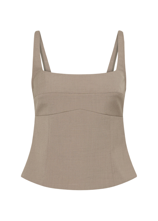 Beige tank top with thin straps on a white background