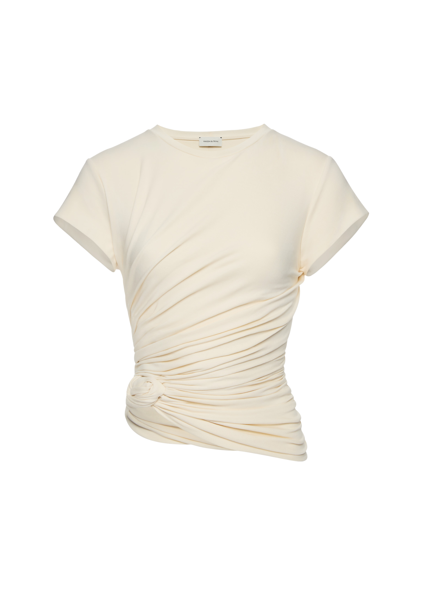 Cream-colored ruched top on a white background