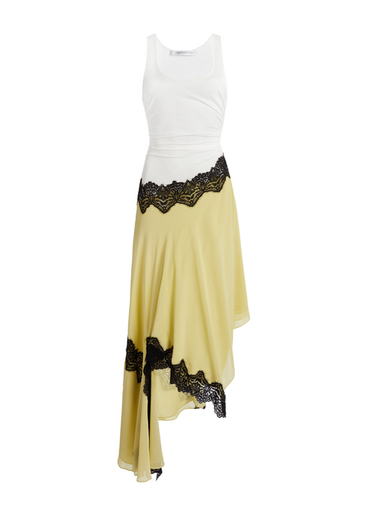 A sleeveless asymmetrical midi dress featuring a white bodice and a flowing pale yellow skirt with black lace trim details, shown against a plain white background.