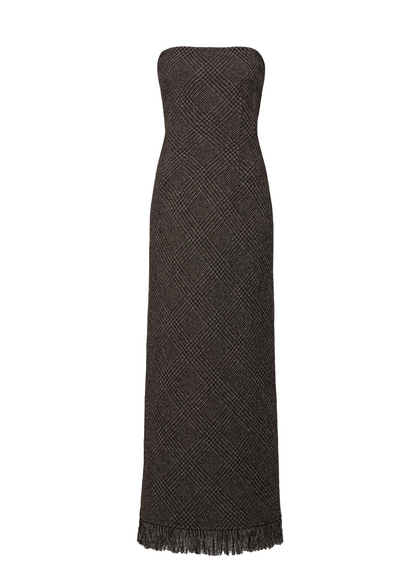 Dark gray strapless dress on a white background