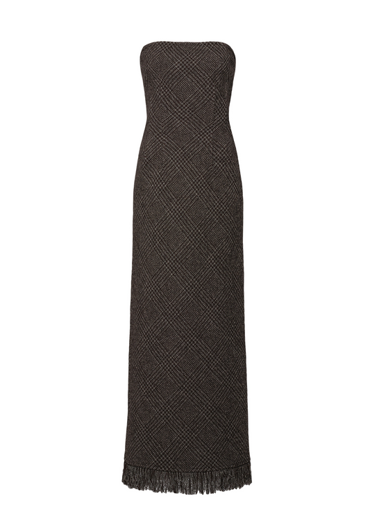 Dark gray strapless dress on a white background