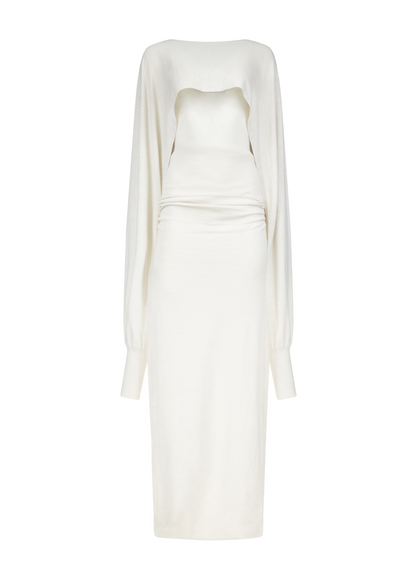 White strapless dress with long sleeves on a white background