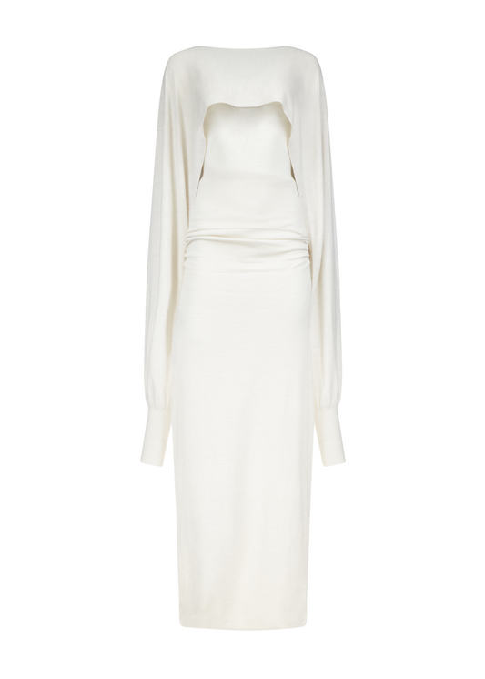White strapless dress with long sleeves on a white background